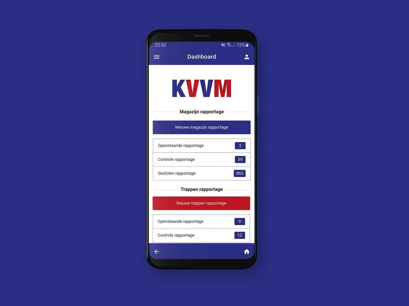 Smartphone scherm toont KVVM inspectie-app dashboard met magazijn- en trappenrapportages en knoppen om nieuwe rapportages te starten.