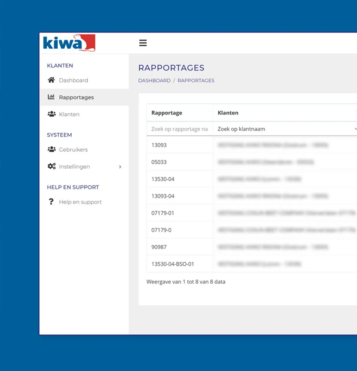 Dashboard van Kiwa klantenportaal met een tabel van rapportages en klantnamen voor systeembeheer en ondersteuning.