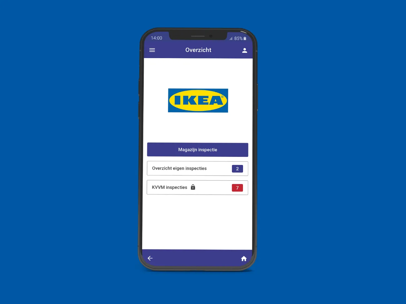 Smartphone scherm met een overzicht van een IKEA inspectie-app, met knoppen voor magazijninspectie en twee inspectiecategorieën.