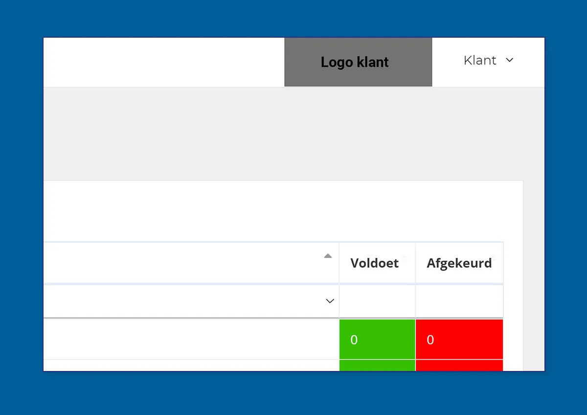 Screenshot van een klantenportaal met een tabel die kolommen toont voor 'Voldoet' en 'Afgekeurd', waarbij de waarden 0 zijn, groen en rood gekleurd respectievelijk.