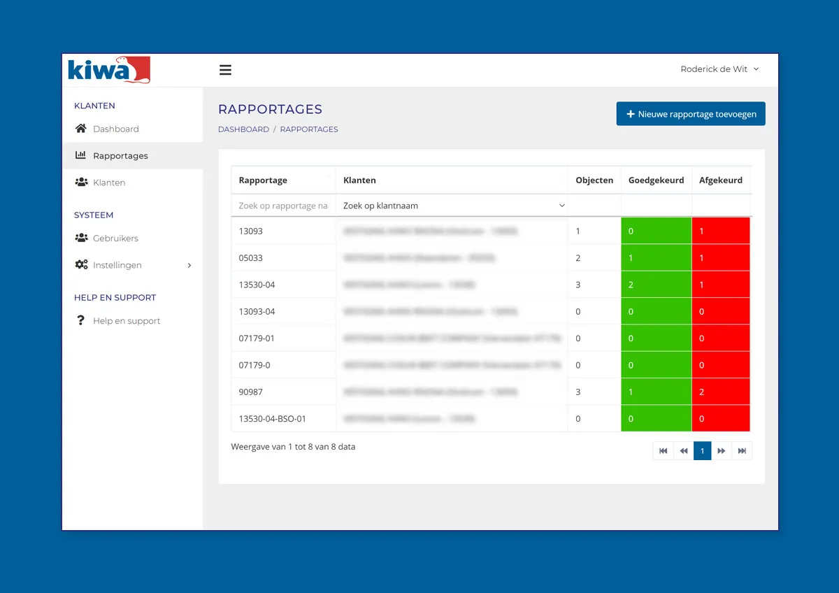 Dashboard van het Kiwa klantenportaal met een rapportagetabel die klantcodes, klanten, objectaantallen, goedgekeurde en afgekeurde rapporten toont.