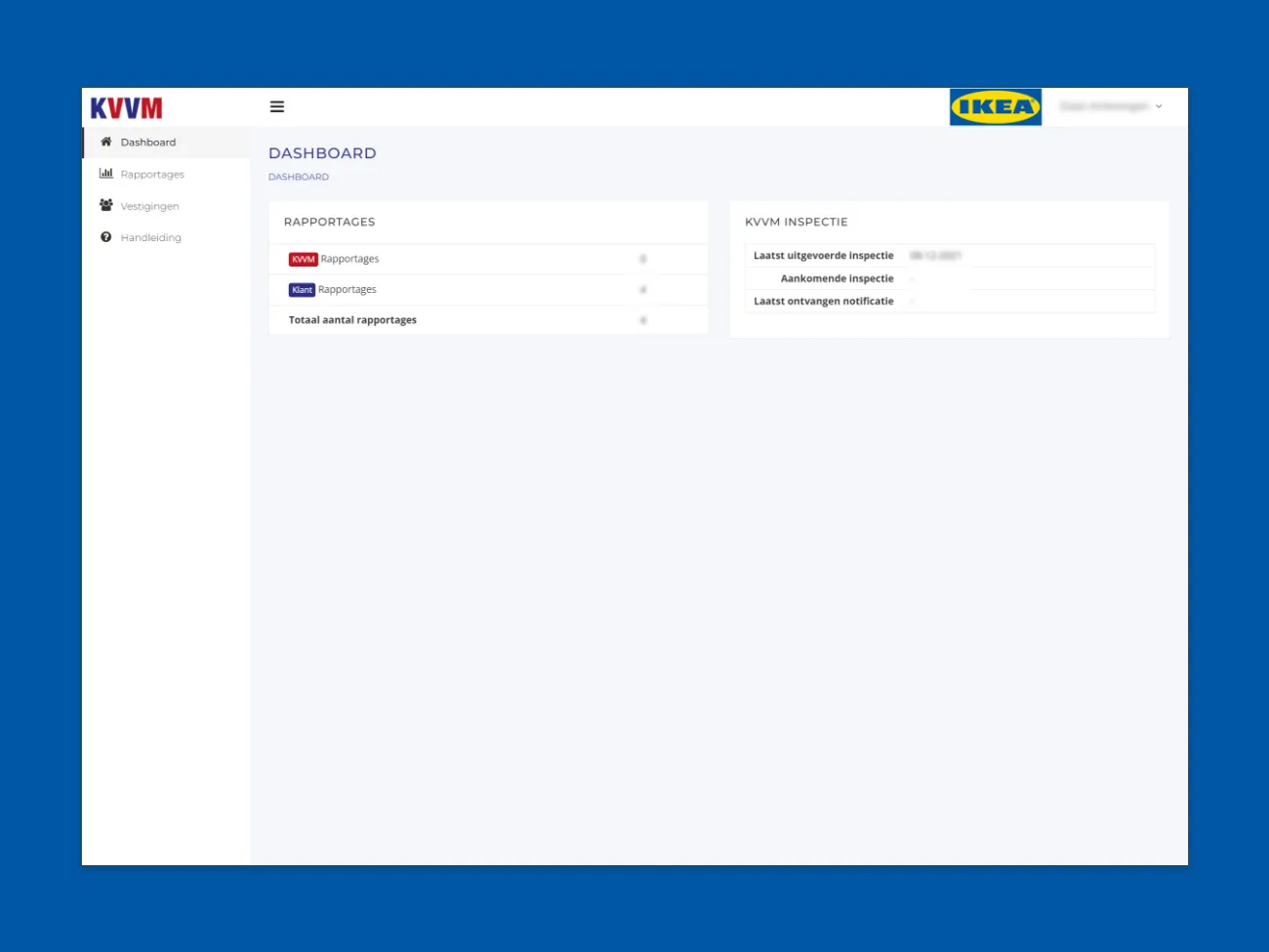 Dashboard van een KVVM klantportaal met een zijbalkmenu en twee panelen met rapportages en inspectiedetails.